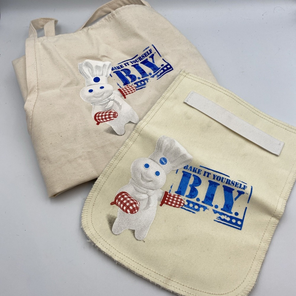 Lot 2 Pillsbury Doughboy Bake It Yourself B.I.Y. Cotton Tie Apron + Pot Holder